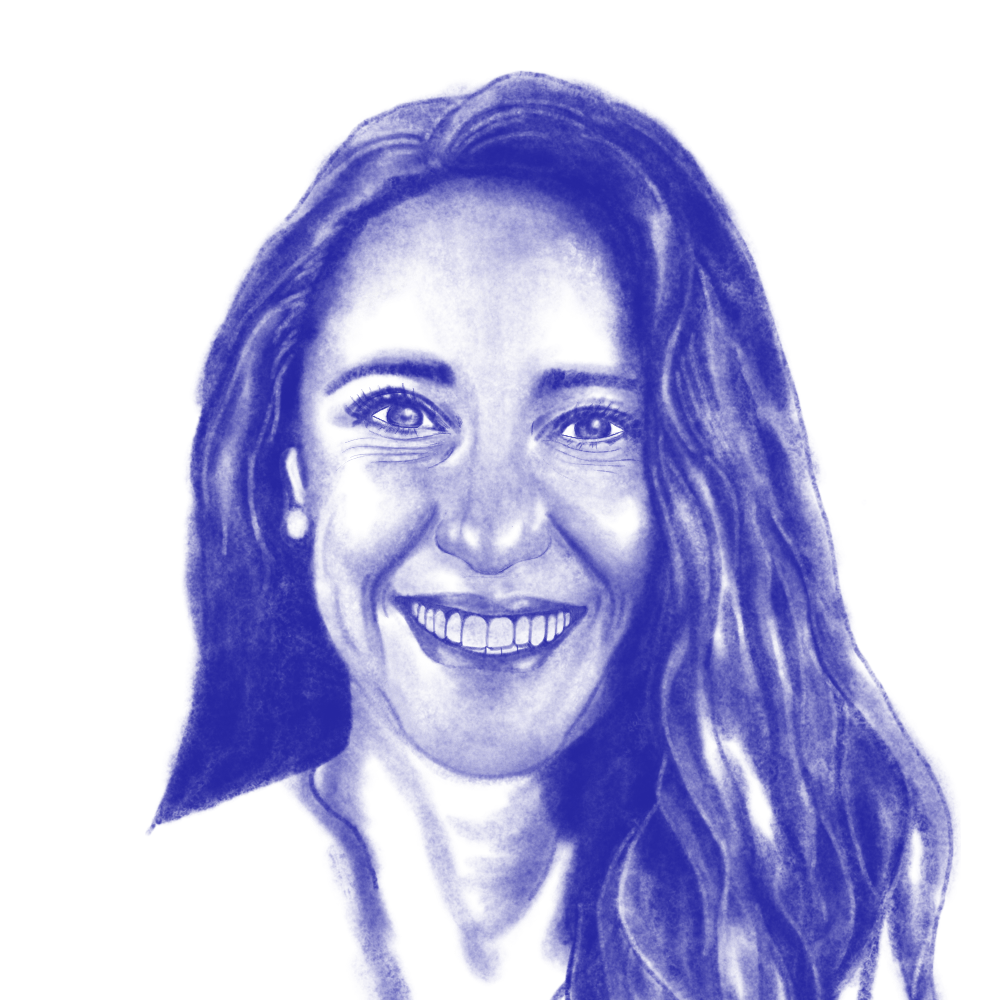 Illustrated portrait of Katy Simmons, drawn in blue ink on a pale background. She faces the viewer with long wavy hair and a wide smile.